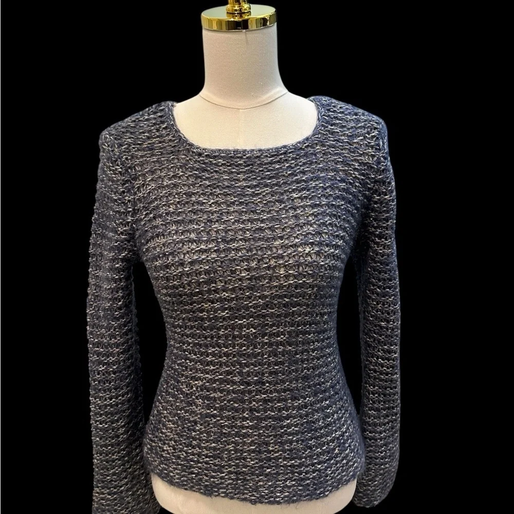 J.Jill Women’s Marled Open Knit Square Neck Flare Sleeve Blue/Gray Sweater Sz XS